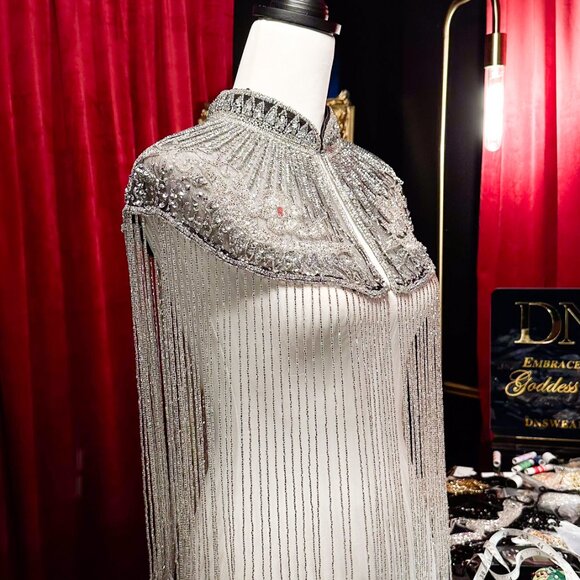 Silver Sequin Fringe Cape, Rhinestone Shawl, Luxury Beaded Cape, Festival Outfit - Picture 4 of 13